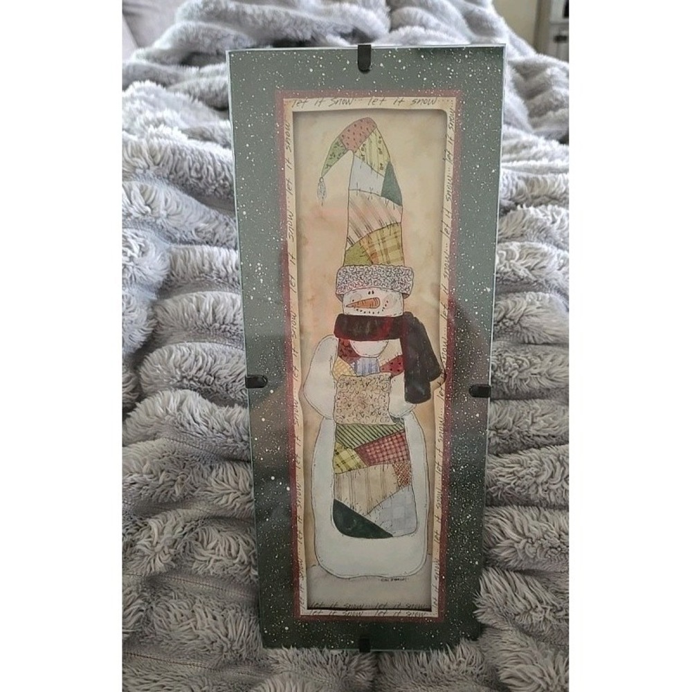 Carol Robinson Let It Snow Patchwork Snowman Glass Art Easel Back 11x4.5